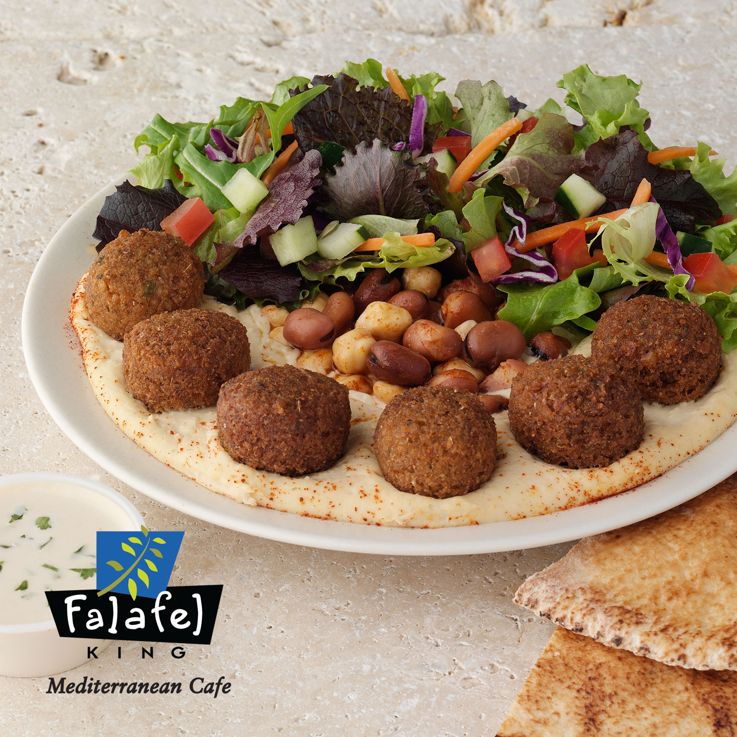 Hummus & Falafel Combo Plate|6 Falafel balls plus a large portion of Hummus. Served with fresh mixed greens & pita.